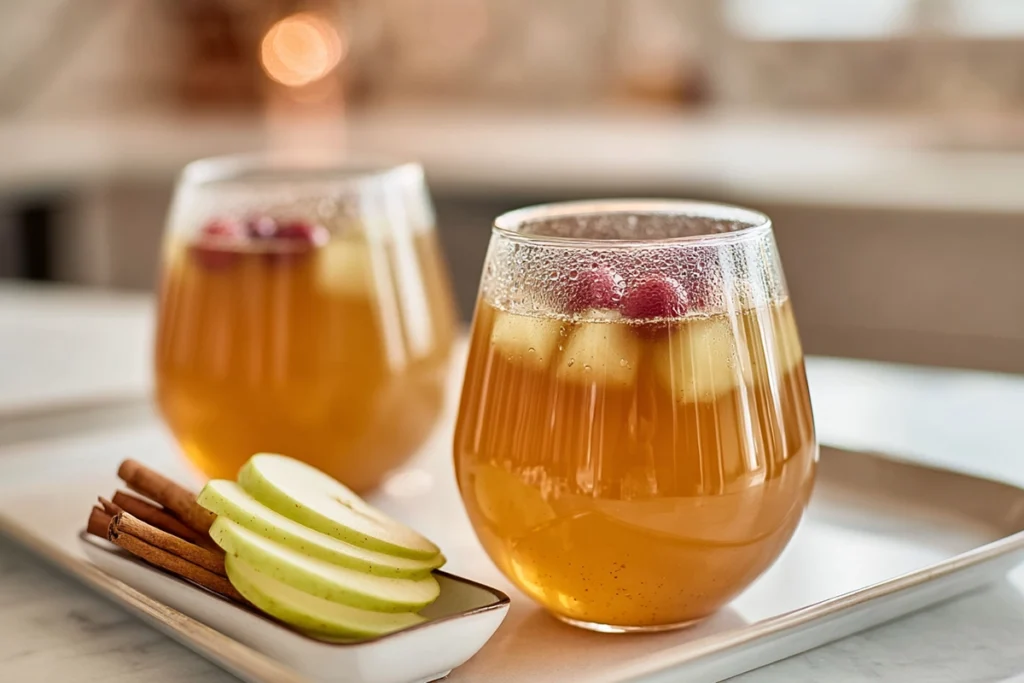 Caramel Apple Punch glasses served with apple slices and cinnamon sticks