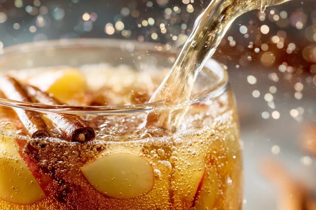 Warm Caramel Apple Punch with steam rising in glass mug