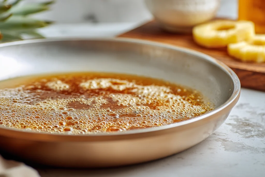 batter being poured over pineapple rings for pineapple upside-down cake