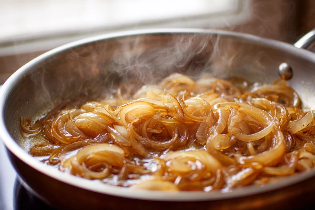Golden caramelized onions cooking in a skillet for Cheesy French Onion Meatballs
