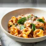 bowl of cheese tortellini and sausage with creamy tomato sauce and basil in a modern kitchen