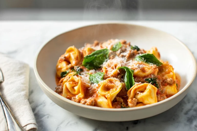 bowl of cheese tortellini and sausage with creamy tomato sauce and basil in a modern kitchen