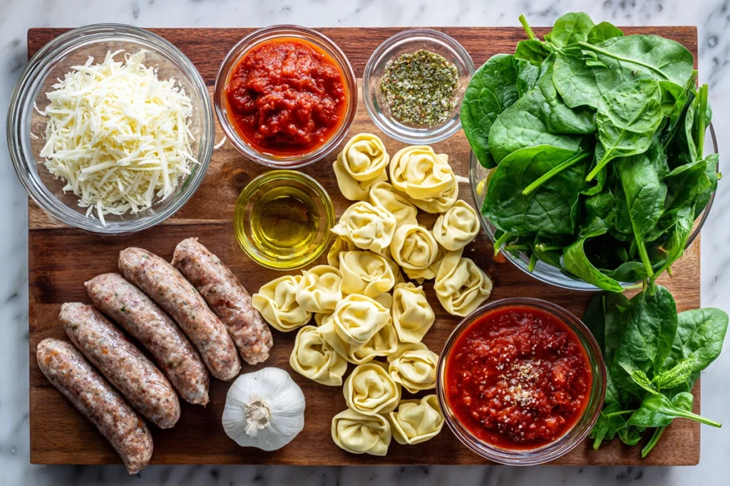 overhead photo of cheese tortellini and sausage ingredients on wooden board and white countertop