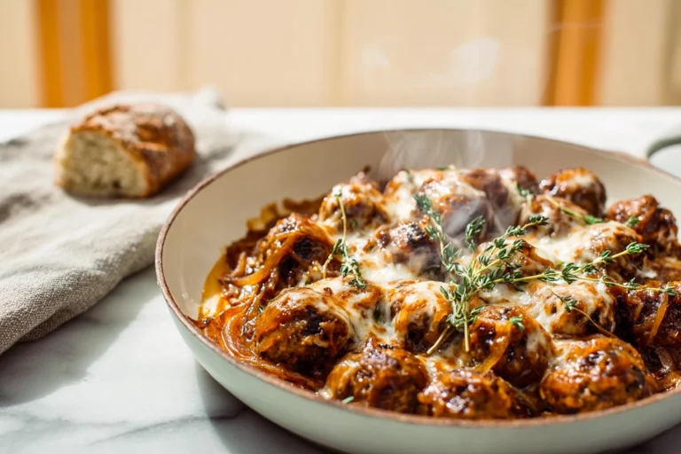 Cheesy French Onion Meatballs served with melted Gruyère cheese and caramelized onion sauce