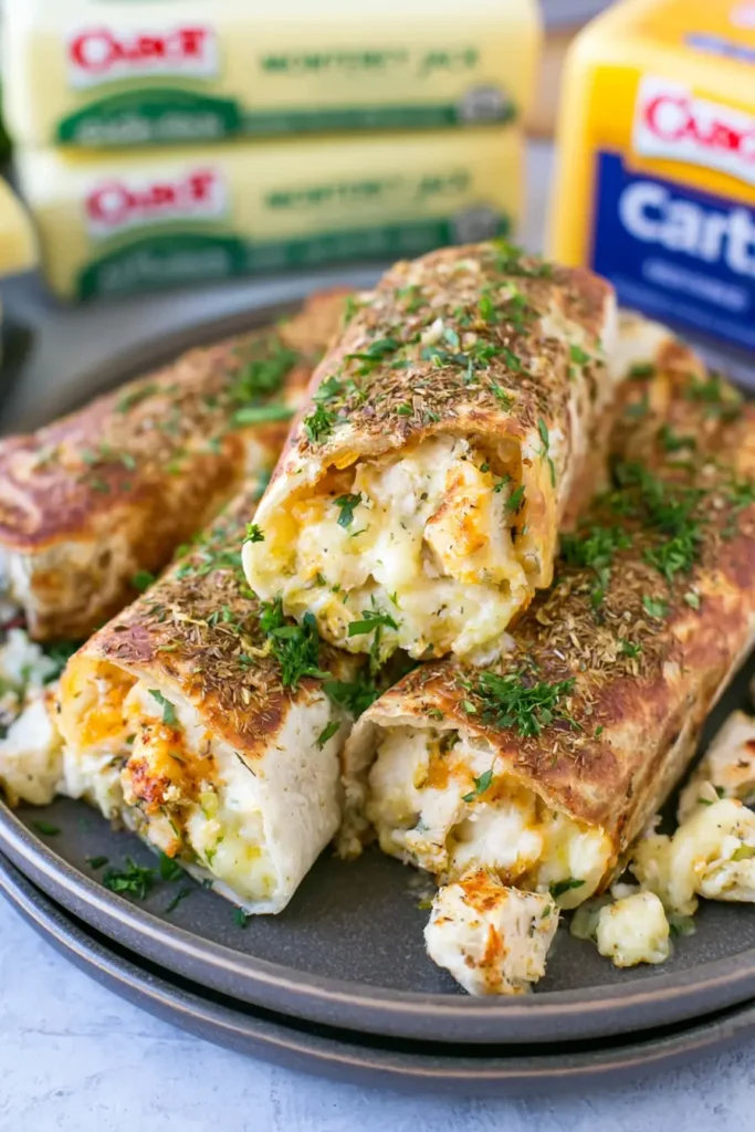 Cheesy Garlic Chicken Wraps for a Quick Weeknight Dinner 3 Cheesy Garlic Chicken Wraps filled with seasoned chicken and two melted cheeses