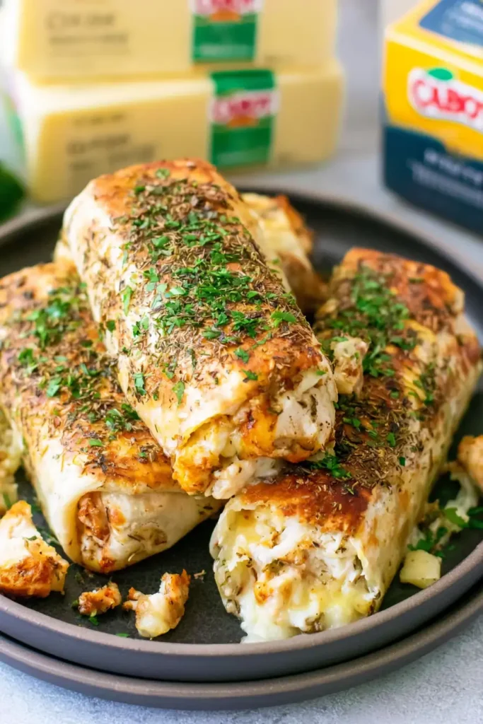 Cheesy Garlic Chicken Wraps for a Quick Weeknight Dinner 2 Cheesy Garlic Chicken Wraps with melted Monterey Jack and cheddar cheese
