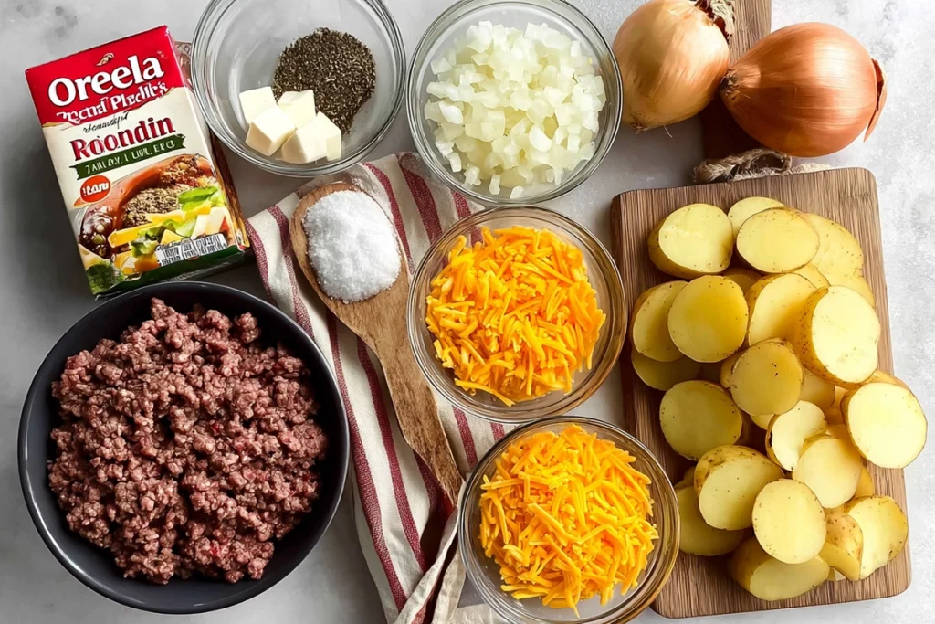 Overhead view of ingredients for Cheesy Ground Beef and Potatoes including ground beef, potatoes, onions, and cheese