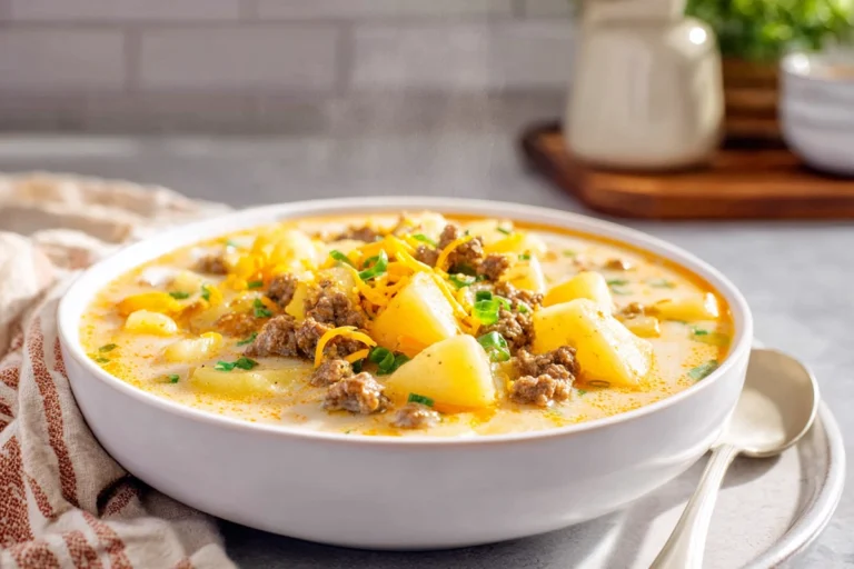 creamy cheesy hamburger potato soup hero image in modern kitchen