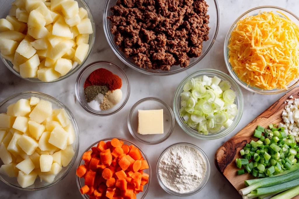 overhead ingredients for cheesy hamburger potato soup arranged neatly on counter