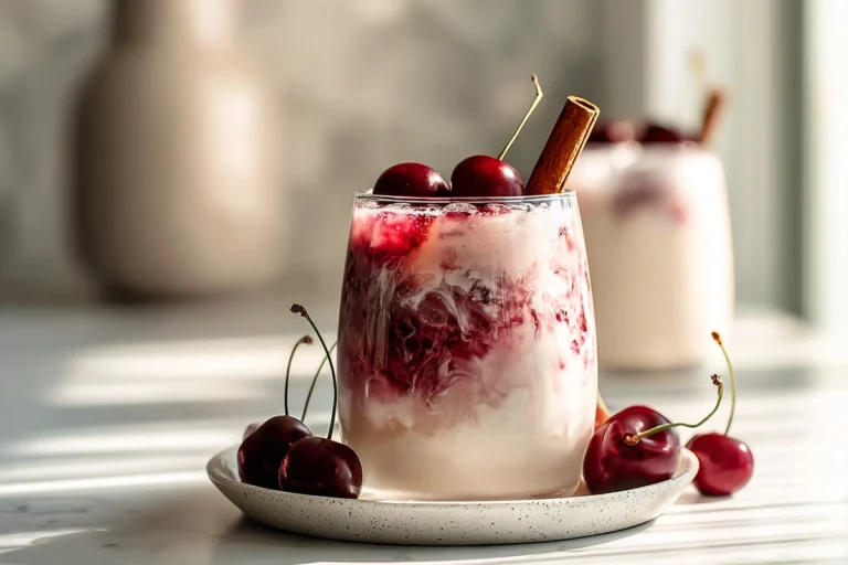 Cherry Earl Grey Milk Tea garnished with fresh cherries and cinnamon stick, vibrant drink with creamy texture