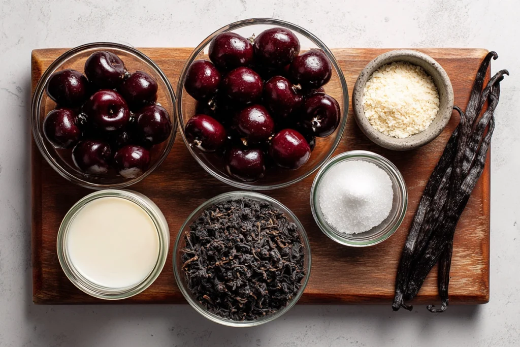 Cherry Earl Grey Milk Tea ingredients including fresh cherries, Earl Grey tea leaves, milk, and vanilla beans, arranged neatly