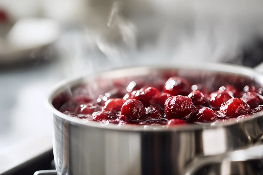 Cherry topping simmering for Mini Cherry Lime Greek Yogurt Cheesecakes