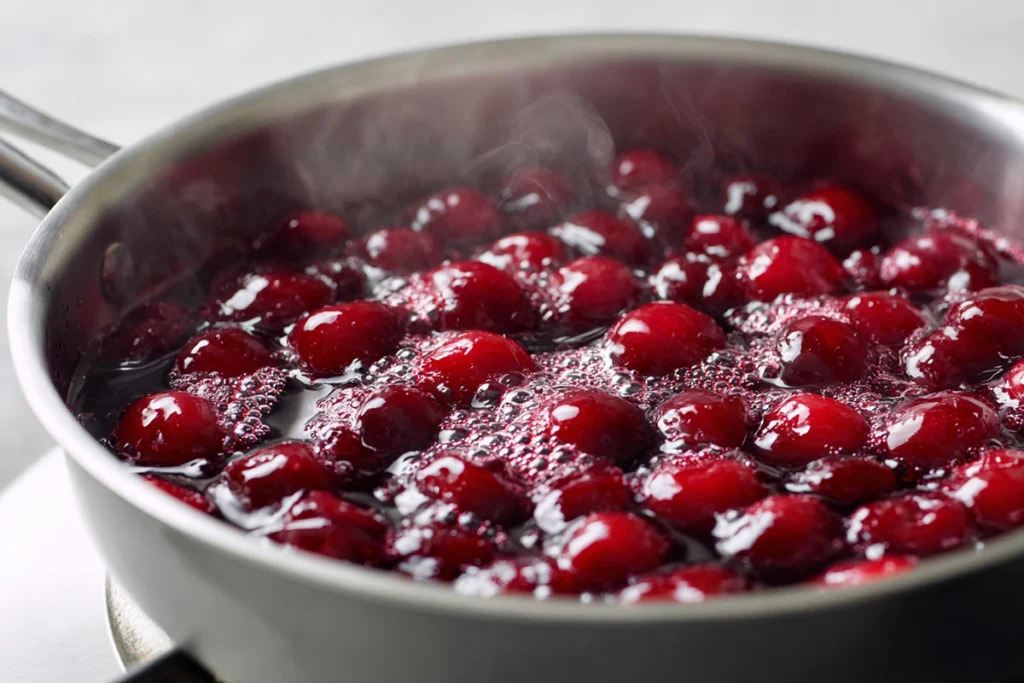 Close-up of cherry syrup simmering in a saucepan with rich texture and glossy finish, bubbling gently