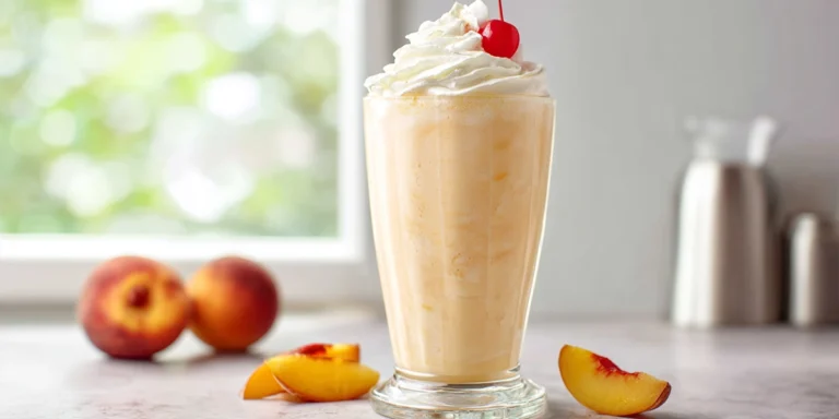 Chick-fil-A Peach Milkshake Copycat served with whipped cream, peach slices, and cherry