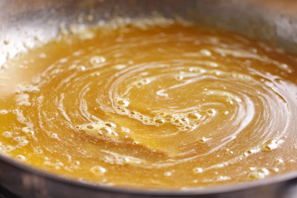 Buttery sauce simmering in skillet for chicken buttered noodles