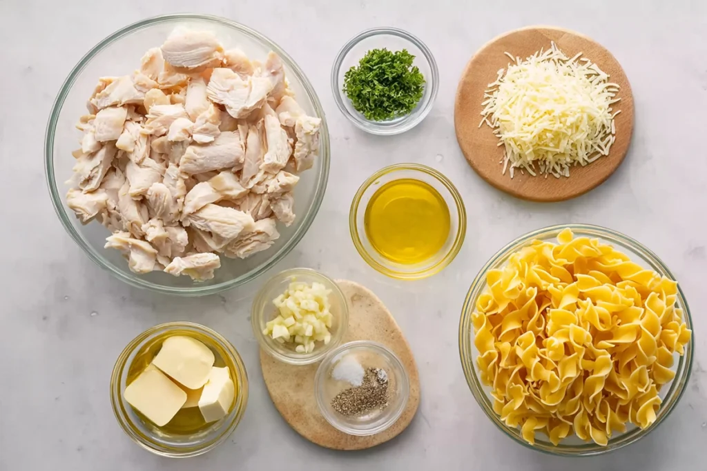 Overhead photo of chicken buttered noodles ingredients arranged on a counter