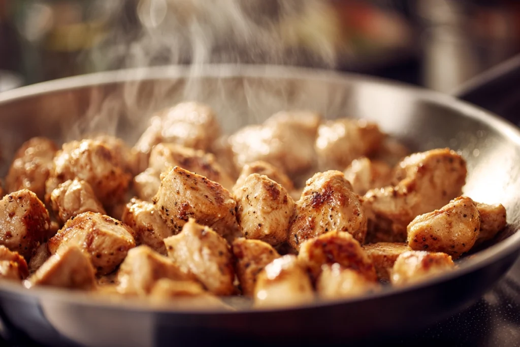 Chicken searing in a skillet for chicken buttered noodles recipe