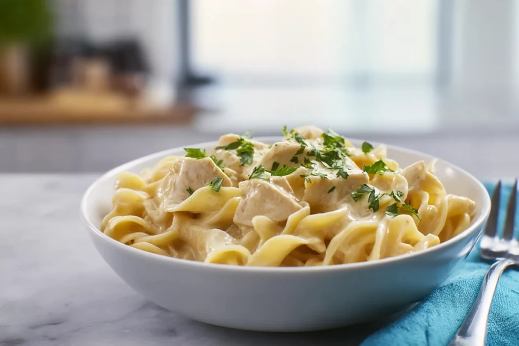 Bowl of chicken buttered noodles served in modern kitchen setting