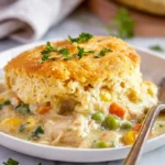 creamy chicken cobbler with golden biscuit topping in modern kitchen setting