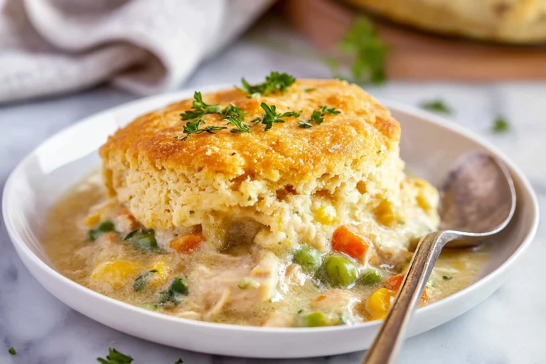 creamy chicken cobbler with golden biscuit topping in modern kitchen setting