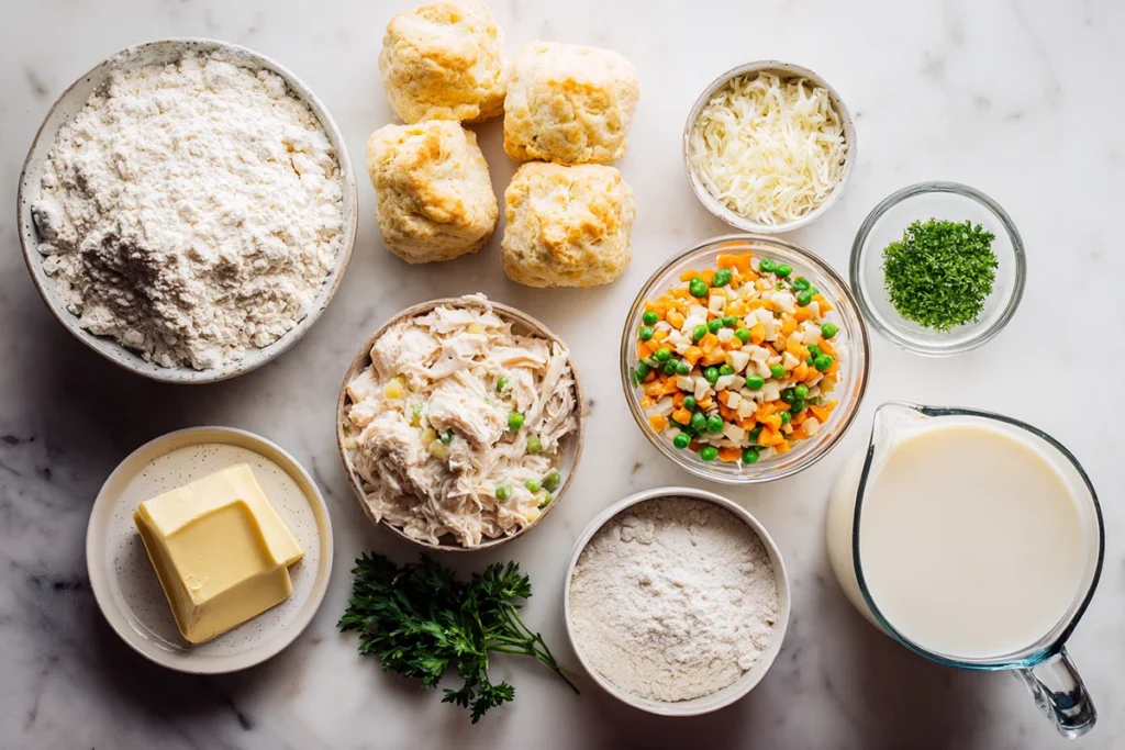 Ingredients for chicken cobbler arranged on a kitchen counter
