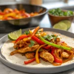 chicken fajitas served on a white plate with grilled peppers and onions in a modern kitchen