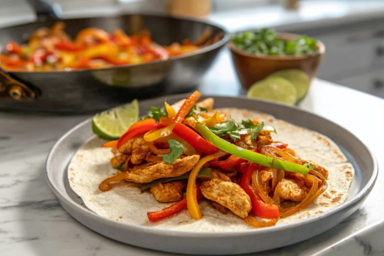 chicken fajitas served on a white plate with grilled peppers and onions in a modern kitchen