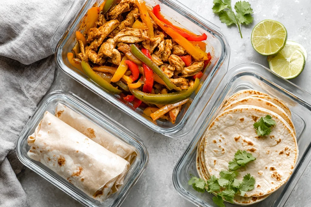 chicken fajitas leftovers stored in glass containers with tortillas and lime