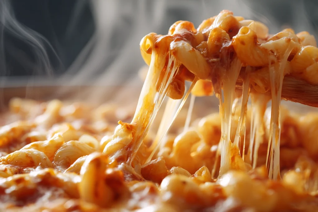 close-up chili mac with melted cheddar cheese blending into sauce