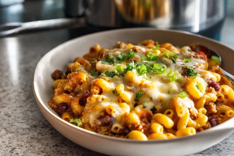 photorealistic chili mac in modern kitchen with melted cheese and garnish