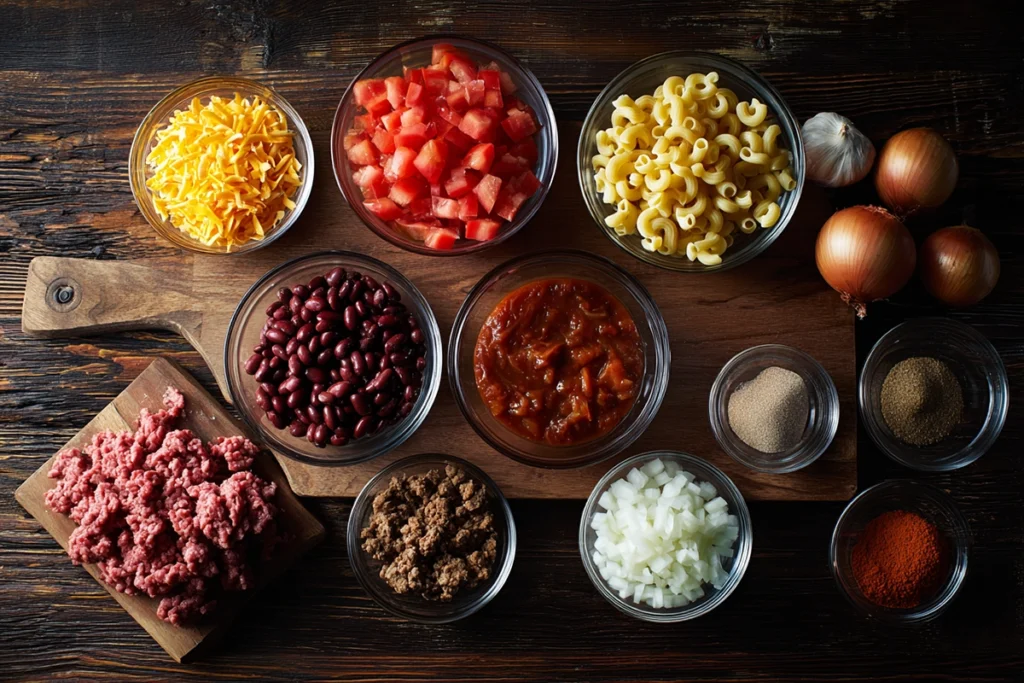 chili mac ingredients overhead shot with ground beef, pasta, cheese, and spices