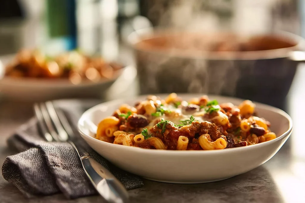 plated chili mac on modern dining counter with natural daylight and garnish