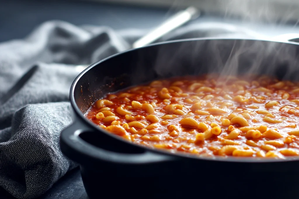 chili mac simmering in a black dutch oven with visible steam and sauce texture