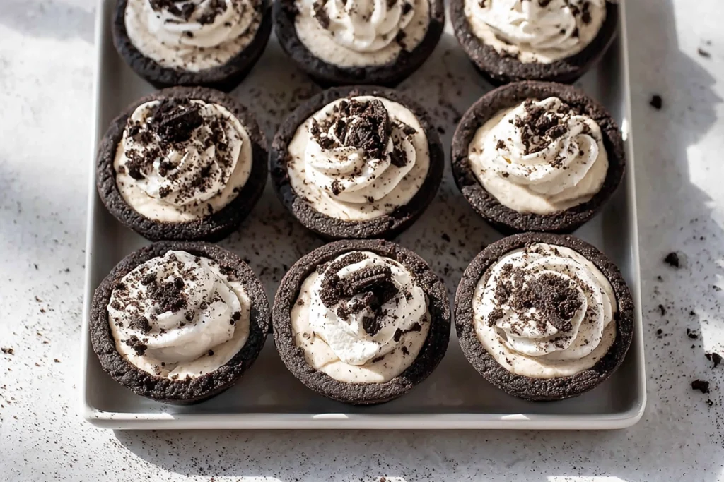 Chilled Oreo Cheesecake Cookie Cups topped and ready to serve