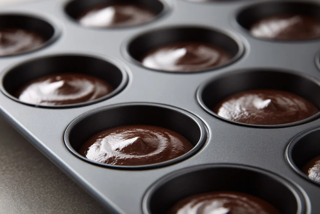 Overhead shot of mini cake molds filled with Chocolate Gingerbread Mini Cakes batter