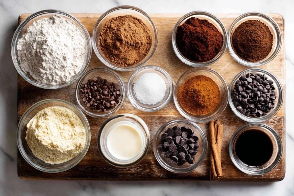 Overhead image of Chocolate Gingerbread Mini Cakes ingredients in glass bowls