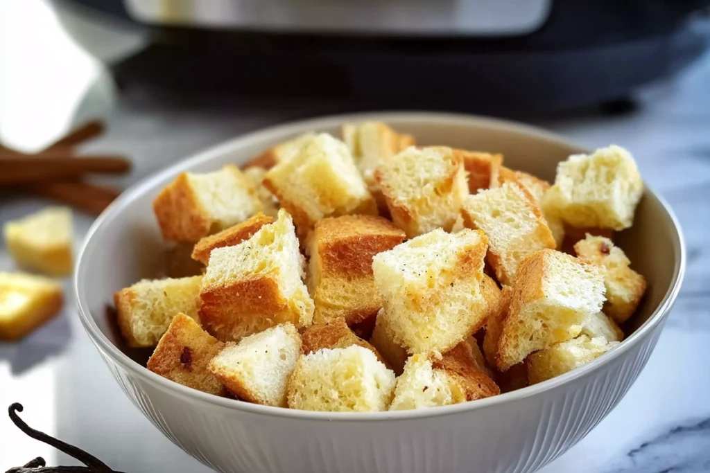 Close-up of brioche cubes used for Slow Cooker French Toast Casserole