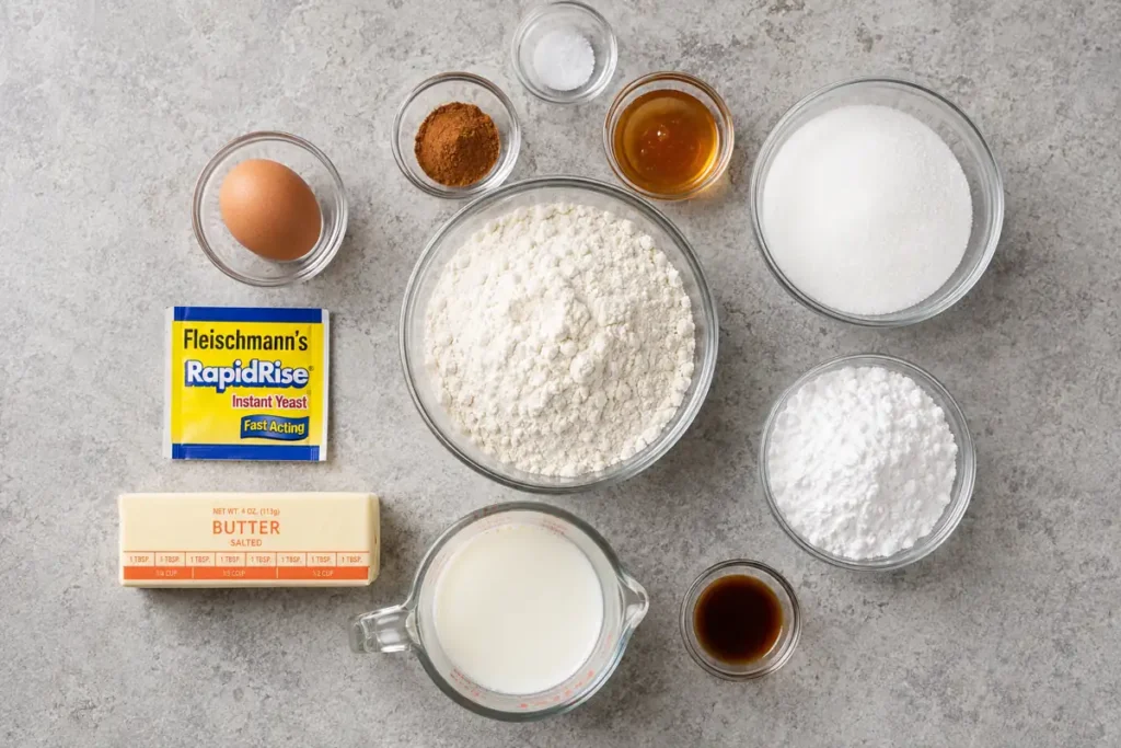 30-Minute Cinnamon Sugar Knots with Vanilla Icing 2 Cinnamon Sugar Knots ingredients for homemade yeast dough and vanilla icing