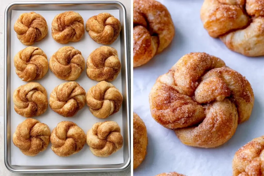30-Minute Cinnamon Sugar Knots with Vanilla Icing 6 Cinnamon Sugar Knots resting on a baking sheet beside lightly golden baked knots