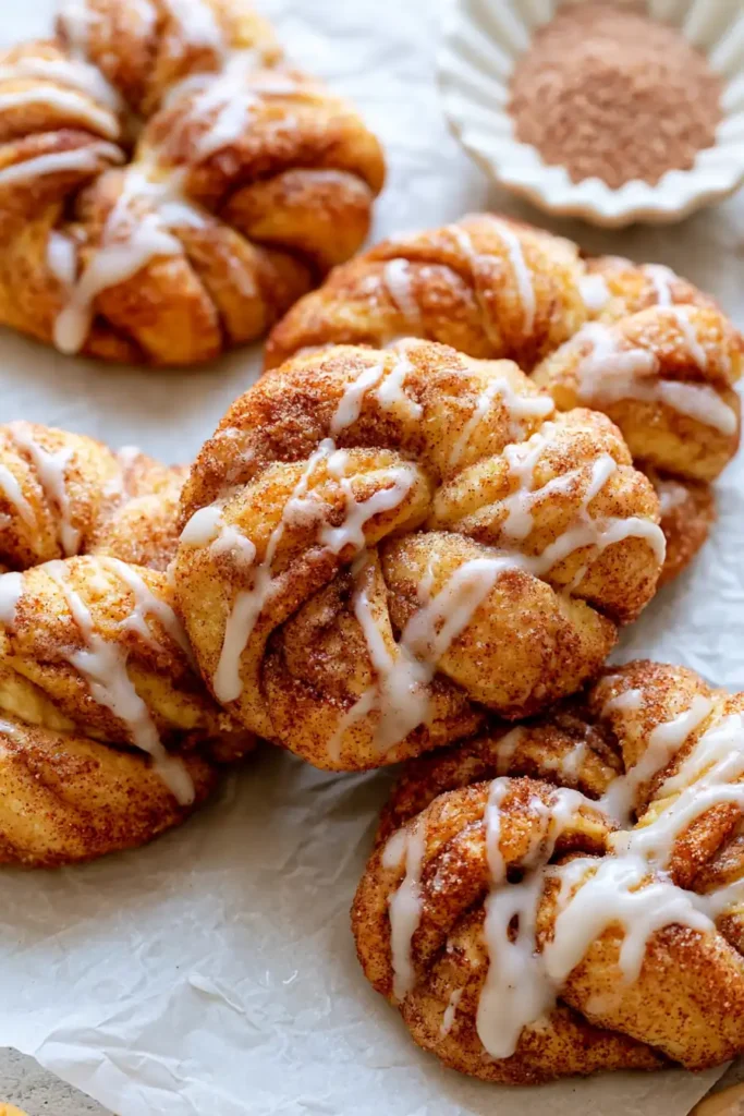 30-Minute Cinnamon Sugar Knots with Vanilla Icing 8 Cooled Cinnamon Sugar Knots ready for airtight room-temperature storage