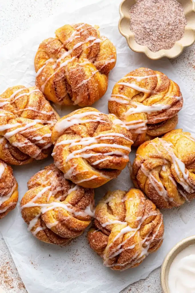 30-Minute Cinnamon Sugar Knots with Vanilla Icing 7 Cinnamon Sugar Knots finished with thick vanilla icing and cinnamon sugar