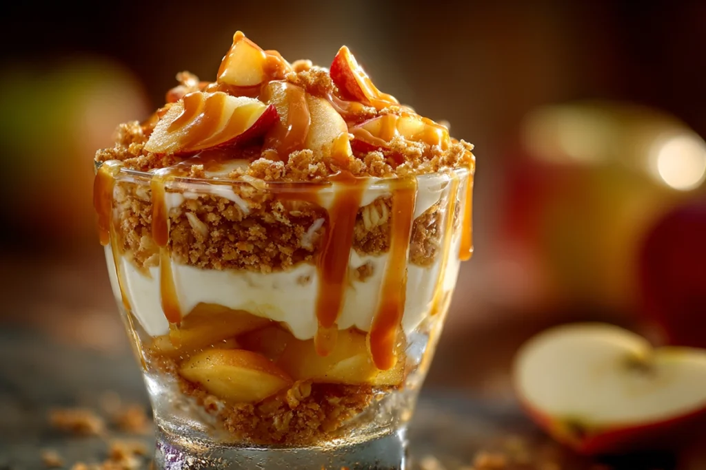 close-up of caramel apple dessert cup showing creamy layers and caramel drizzle