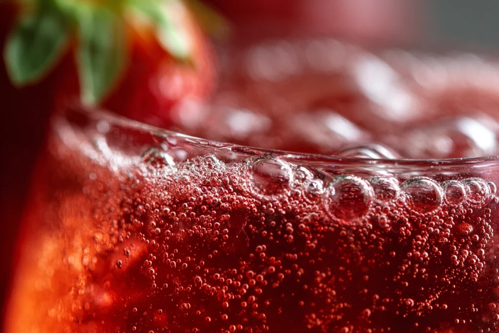Close-up of the effervescent texture of a Springtime Strawberry Sipper Mocktail with bubbles and vibrant color