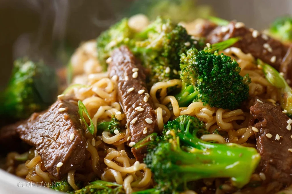 macro close-up of beef and broccoli ramen stir fry showing glossy noodles and sesame garnish