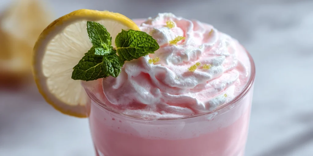 Close-up of whipped pink lemonade with creamy topping, lemon, and mint garnish.