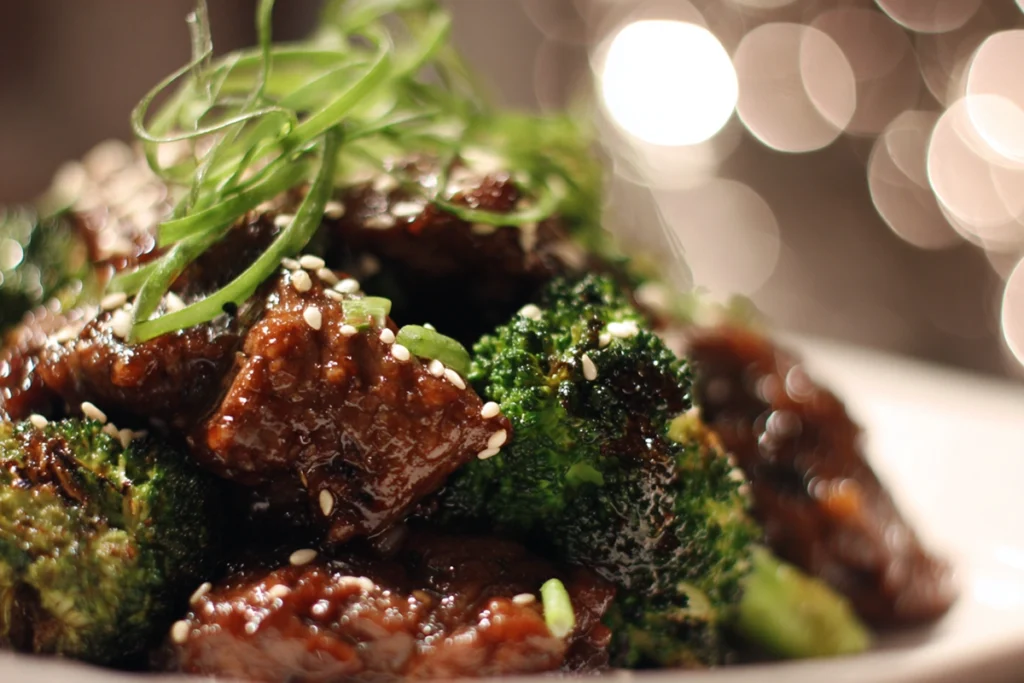 macro close-up of beef and broccoli texture with sesame seeds and glossy sauce