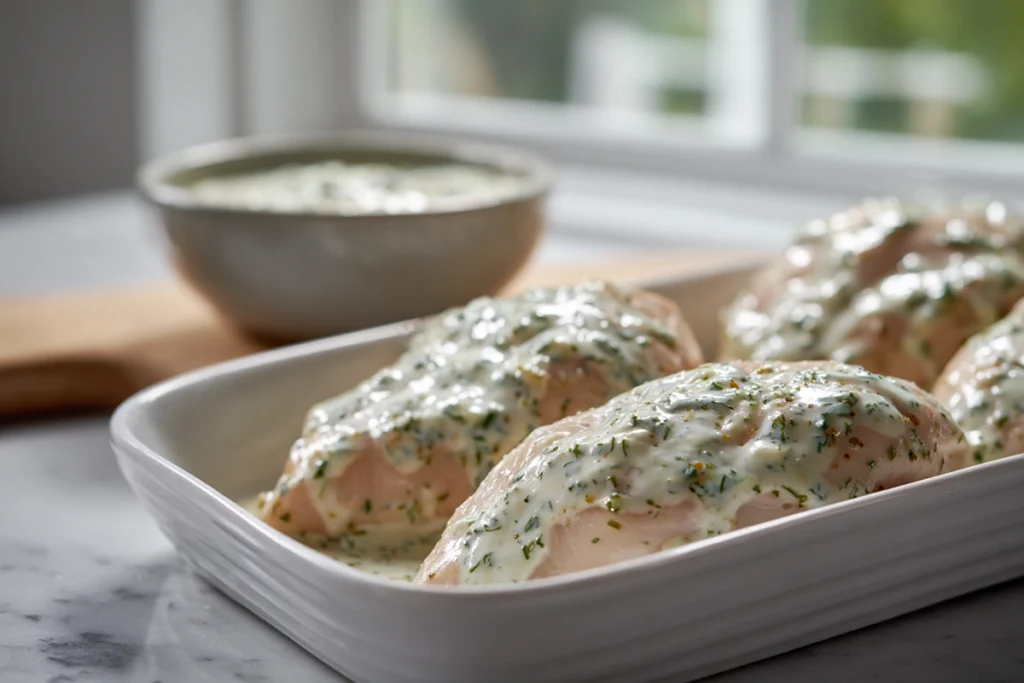 close-up of chicken being coated with creamy ranch sauce before baking