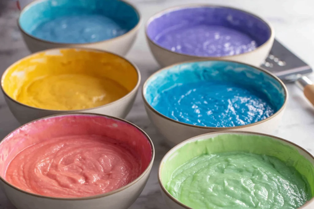 Mixing and coloring batter for a Colorful Layer Cake with vibrant gel shades