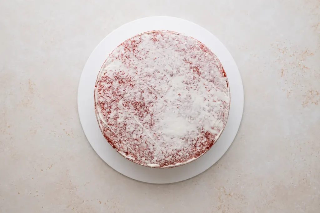 Colorful Layer Cake with Six Bright Celebration Layers 13 Thin crumb coat applied to colorful layer cake