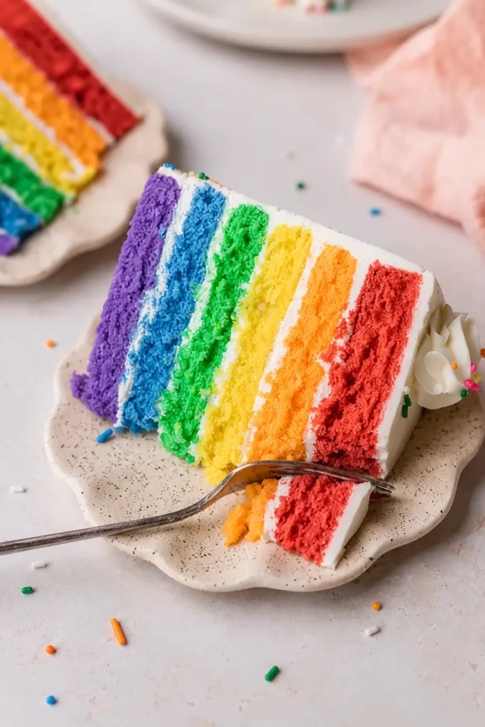 Colorful Layer Cake with Six Bright Celebration Layers 7 Evenly divided colorful layer cake with six rainbow layers